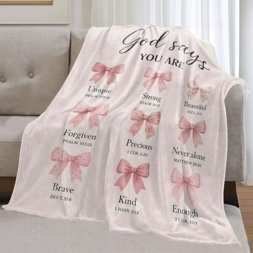 Christian Bible Flannel Blanket Gifts for Believer,50x40inch,Inspirational Religious Faith Throw Blankets with Pink Bow and Scripture,for Bedroom,Sofa,Living Room,Camping Home Decor Throws - color: Christian, size: 50x40 Inch