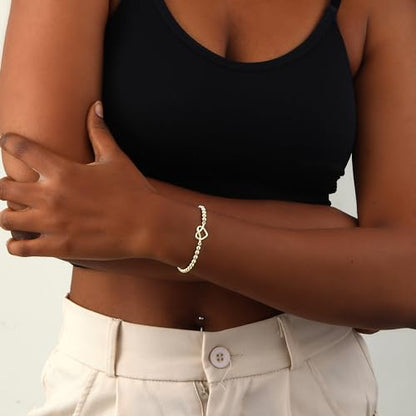 Beaded Bracelets for Women 14K Silver Gold Plated Stretch Handmade Ball Bracelets Cute Charm Bracelet Dainty Stackable Cross Heart Bow Wave CZ Circle Trendy Jewelry Easter Gifts - color: Gold-5