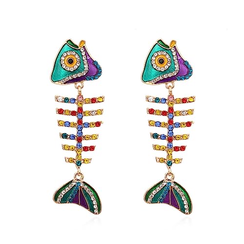 Fish Bone Earrings Drip Oil Animal Earrings Colorful Crystal Sparkly Enamel Earrings Creative Long Fishbone Earstud Dangle Fish Drop Earrings Jewelry for Women - color: Colours