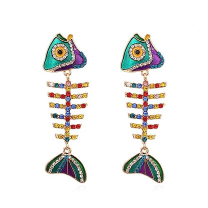 Fish Bone Earrings Drip Oil Animal Earrings Colorful Crystal Sparkly Enamel Earrings Creative Long Fishbone Earstud Dangle Fish Drop Earrings Jewelry for Women - color: Colours