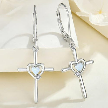 Cross Earrings 925 Sterling Silver Opal Crucifix Dangle Drop Earring Heart Birthstone Religious Jewelry for Women - color: White Opal