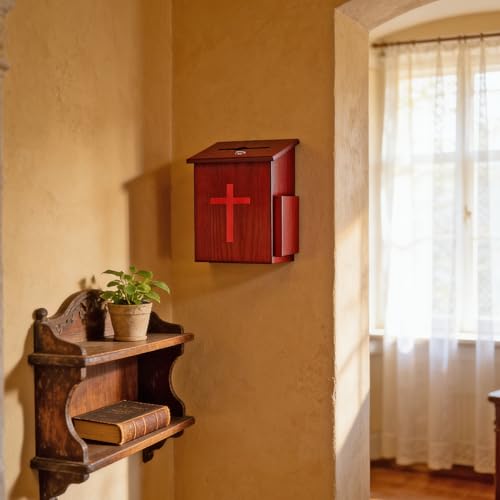 Wood Church Collection Fundraising Box Donation Charity Red Cross Sticker Flexible Application Christian Church Tithes & Offering Prayer 7.5"W x 7.5"H x 9-7/8" D Wallmount 1040S+16053