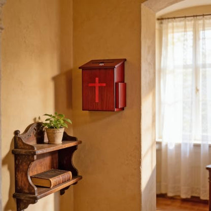 Wood Church Collection Fundraising Box Donation Charity Red Cross Sticker Flexible Application Christian Church Tithes & Offering Prayer 7.5"W x 7.5"H x 9-7/8" D Wallmount 1040S+16053
