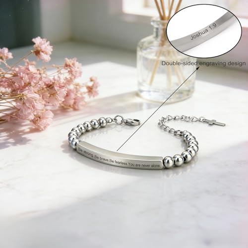 Inspirational Christian Bracelet for Women, Stainless Steel Beaded Cross Jewelry with Bible Verse, Religious Faith Gift for Mom, Daughter, Sister, Friend - color: Be strong,Be brave,Be fearless.You are never alone-Silver Bead