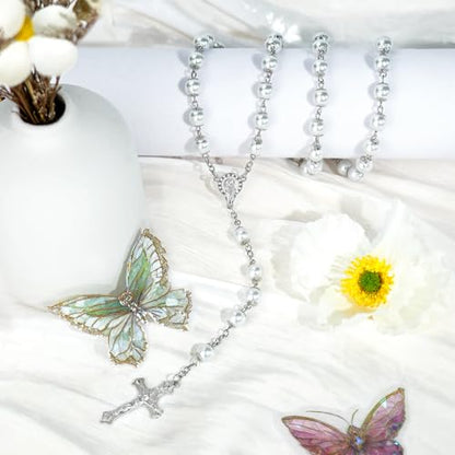 Sliver Pearl-Style Rosary Necklace with Metal Gift Box, 8mm, 22 Inch - color: Silver