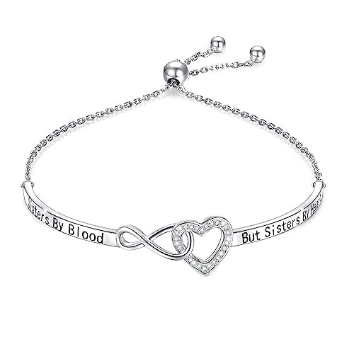 YinShan 925 Sterling Silver Heart Infinity Inspirational Bracelet Engraved Always My Sister/Daughter, Forever My Friend Adjustable Sisters Bracelets Friendship Jewelry for Women - style: Not Sisters By Blood But Sisters By Heart