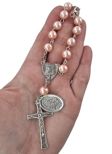 TALISMAN4U St. Michael Guardian Angel Medal Rosary for Car Rearview Mirror - color: Pink Rosary Beads