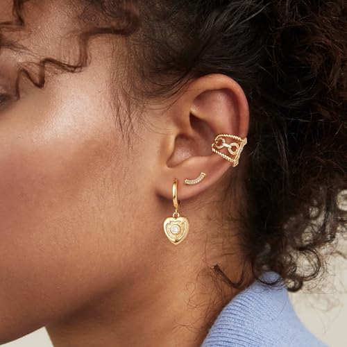 MYEARS Women Earrings Gold Huggie Hoop Dangle Drop 14K Gold Plated Small Simple Hypoallergenic Everyday Jewelry - style: Halo Heart