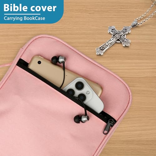 GERMUN Bible Cover with Durable Handle, Carrying Book Case Church Bag Bible, Protective with Zippered Pocket, Bible Study Accessories Supplies, Book Protector for Book Lovers, pink - color: Pink