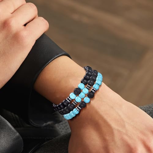 RANKEEF Tiger Eye Bracelet For Men 8MM Natural Stone Stretch Adjustable Black Crystal Beaded Bracelet for Men Women Gifts - color: 3,green,frosted,volcano bracelet