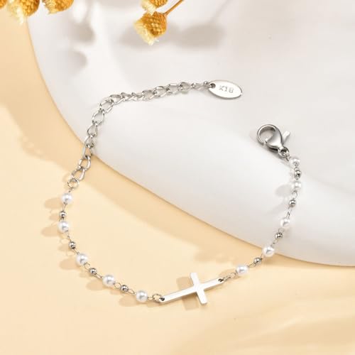 Baby Baptism Cross Bracelet Gift : 18k Gold Plated/Silver Delicate Pearl Cross Bracelets Kids Daughter Granddaughter Birthday First Communion Confirmation Gifts Christian Jewelry for Boys Girls - style: Silver - joshua 1 9