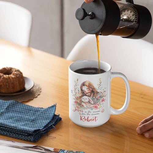 Customized Cup Featuring Jesus And Bunny Illustration, Christian Coffee Mug 11oz 15oz, Custom Name Religious Cup For Adults, Personalized Christian Ceramic Mug, Gift For Christian Holiday - color: XUA-324-1553-JESUS AND RABBIT MUG
