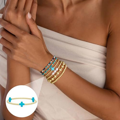 M MOOHAM Beaded Bracelets for Women Teen Girls, 14K Gold Bracelet Stack - color: Turquoise Cross
