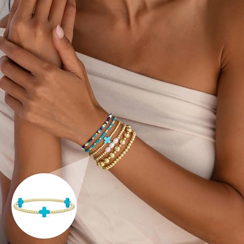 M MOOHAM Beaded Bracelets for Women Teen Girls, 14K Gold Bracelet Stack - color: Turquoise Cross
