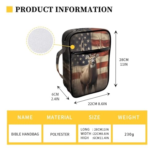 Suobstales American Flag Deer Print Bible Covers - Lightweight Bible Bag with Handle and Zippered Pocket - color: American Flag Deer 1