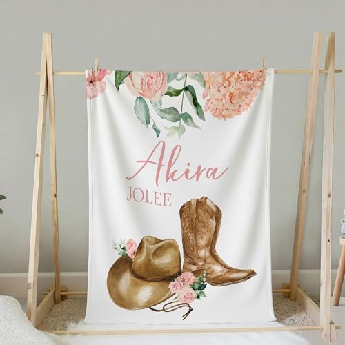 Personalized Western Pink Cowgirl Baby Blanket, Cute Pony Boots Bow Pattern, Custom Name Toddler Kids Throw, Western Nursery Decor, Baby Girl Shower Gift - color: Western Pink Cowgirl Baby Blanket