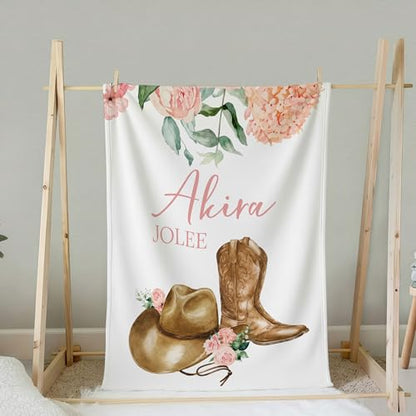 Personalized Western Pink Cowgirl Baby Blanket, Cute Pony Boots Bow Pattern, Custom Name Toddler Kids Throw, Western Nursery Decor, Baby Girl Shower Gift - color: Western Pink Cowgirl Baby Blanket