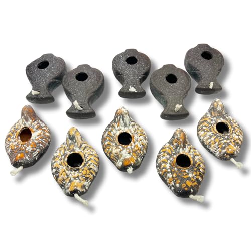 Ancient Clay Oil Lamps - 10 Count Herodian Replica Set - color: Dark