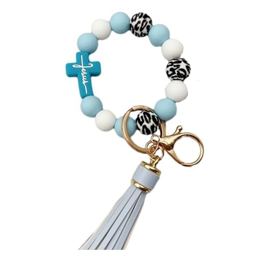 Silicone Beaded Jesus Cross Wristlet Keychain Leather Tassel,Key Ring Wrist Bangle,Key Chains Bracelet Women - color: Blue Cross