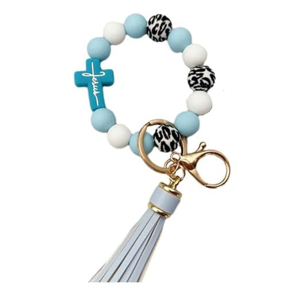 Silicone Beaded Jesus Cross Wristlet Keychain Leather Tassel,Key Ring Wrist Bangle,Key Chains Bracelet Women - color: Blue Cross