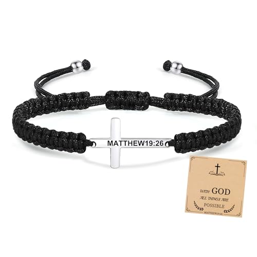 Christian Gifts Cross Bracelet for Men Easter Baptism Religious Gifts for Women Handmade Braided Bracelets Inspirational Confirmation Gifts for Teenage Girl Boys Jewelry - color: Silver, style: MATTHEW19:26.