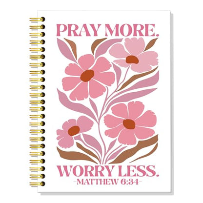 ERHACHAIJIA Pray More Worry Less Lined Spiral Notebook Gifts for Christian - color: White-pink