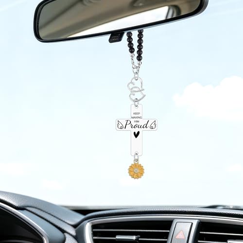 Heigebi Memorial Car Charm Sympathy Gift for Loss of Dad Father Husband Brother Anniversary of Passing Bereavement Keepsake Cross Car Mirror Hanger Keep Making Him Proud Christian Car Accessories