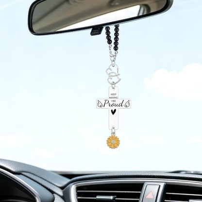 Heigebi Memorial Car Charm Sympathy Gift for Loss of Dad Father Husband Brother Anniversary of Passing Bereavement Keepsake Cross Car Mirror Hanger Keep Making Him Proud Christian Car Accessories
