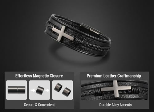 Stainless Steel Braided Leather Bracelet for Men Cuff Bangle Cross - color: 1-black