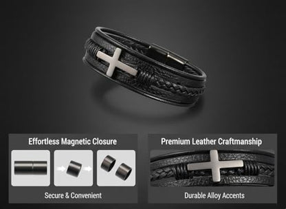 Stainless Steel Braided Leather Bracelet for Men Cuff Bangle Cross - color: 1-black
