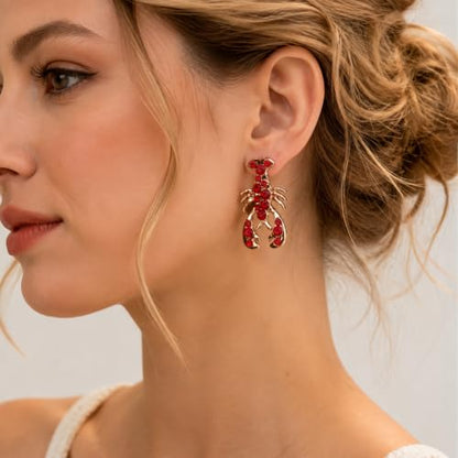 Creative Exaggerated Ocean Animal Drop Dangle Earrings for Women, Bohemia Style Alloy Lobster Octopus Fish Crab Earrings for Summer Beach Holiday Party Jewelry Gifts - style: Gold Red Rhinestone Lobster Earrings-F