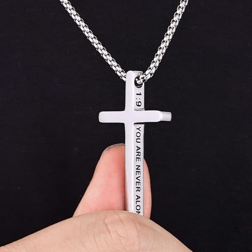 Fiusem Cross Necklace for Men, Stainless Steel Cross Pendant STXL023 - color: Silver, size: 18", style: JOSHUA 1:9
