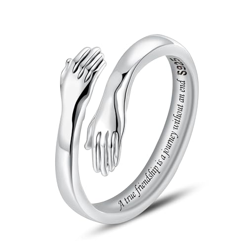 LOVECOM S925 Sterling Silver Hug Rings for Women Teen Girls Mother Daughter - color: A true friendship is a journey without an end, size: US Size 6
