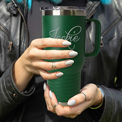 Custom Personalized 20 oz Stainless Steel Powder Coated Vacuum Insulated Double Walled Travel Tumbler Coffee Mug with Handle and Lid (Green) - color: Green
