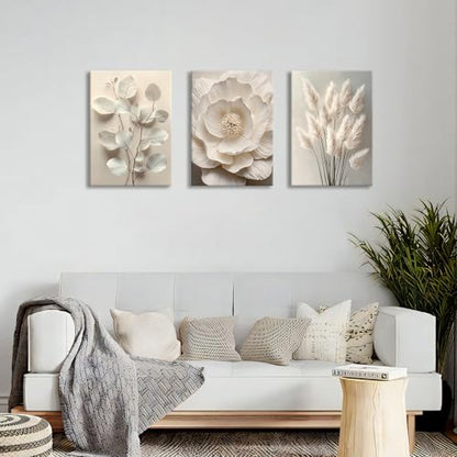WENGTIAO 3Pcs Beige Floral Botanical Frame Canvas Wall Art 20"x28"x3 - color: Flower-White botanical, size: 20"x28"x3Pcs
