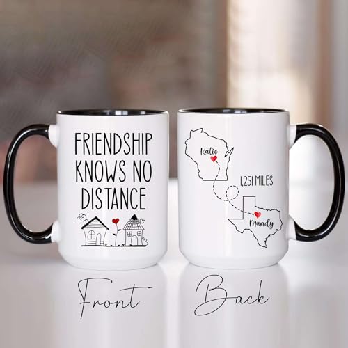 Personalized Friendship Knows No Distance Mug - Personalized Long Distance State To State - Moving Away Cup - Bestie Birthday Gift - Custom Map State Distance Coffee Cup - color: DISTANT-MAP-M5
