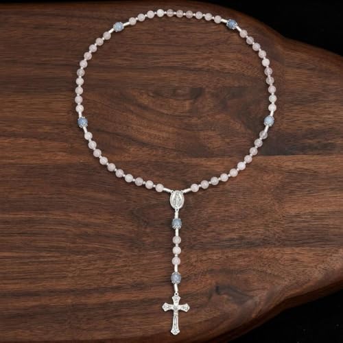 Nazareth Store 8mm White Jade & 10mm Natural Stone Beads Rosary Necklace St. Miraculous Medal & Cross Crucifix Catholic Prayer Beads Religious Jewelry - color: Aquamarine