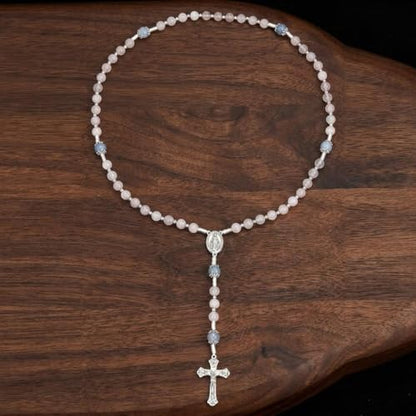 Nazareth Store 8mm White Jade & 10mm Natural Stone Beads Rosary Necklace St. Miraculous Medal & Cross Crucifix Catholic Prayer Beads Religious Jewelry - color: Aquamarine