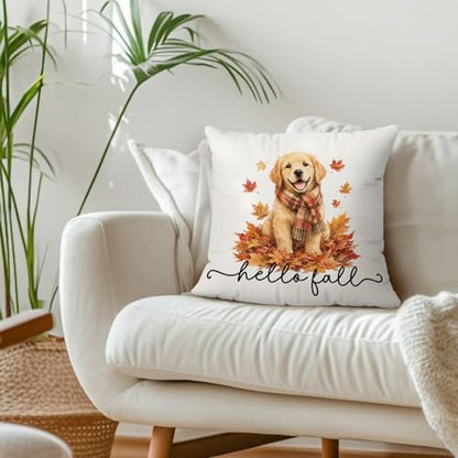 Hello Fall Leaf Golden Retriever Dog Throw Pillow Covers 18x18 - color: Dog