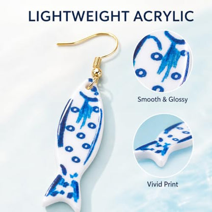 Fish Earrings For Women, Boho Colorful Acrylic Resin Tropical Sea Life Large Dangle Earring Hypoallergenic Summer Beach Vacation Statement Jewelry Gifts - color: Blue Little Fish