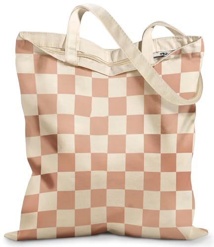 Miss Adola Canvas Tote Bag with Zipper for Women - color: Khaki Plaid
