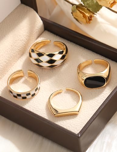 Gold Stackable Rings Set for Women, Gold Plated Chunky Crystal Finger Rings - color: Gold Chessboard