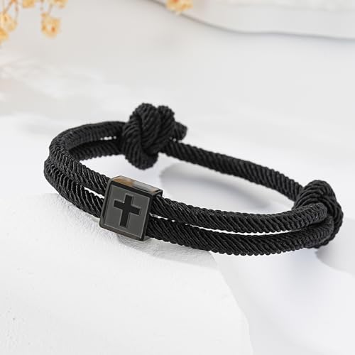 Christian Cross Bracelet for Boys Men- Adjustable Rope Bracelet Christian Religious Jewelry Gifts Ideas for Teen Boys Kids - color: Black-Every Day