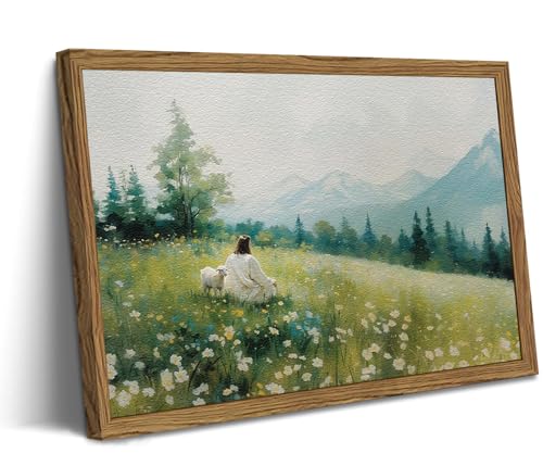 Jesus Leaves the 99 Sheep Wall Art, Christian Jesus and Lamb Pictures Wall Decor Paintings, 3D Sandstone Textured The Lost Lamb Religious Prints for Living Room Bedroom Prayer Room 12x16 inch Framed - color: Jesus and Lamb, size: 16"L x 12"W