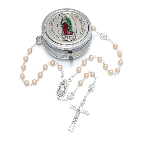 KOMI 6mm Glass Pearl Rosary Beads Catholic for Women with Metal Rosary Box Religious Gifts - style: Guadalupe-pink