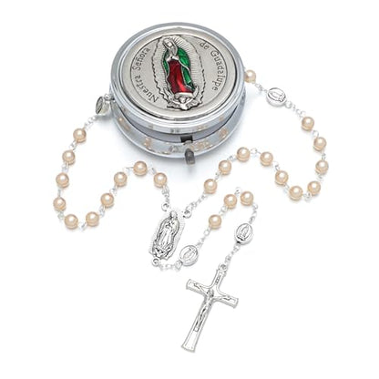 KOMI 6mm Glass Pearl Rosary Beads Catholic for Women with Metal Rosary Box Religious Gifts - style: Guadalupe-pink