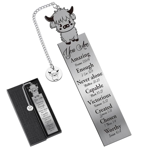 Bible Verse Bookmark Gifts - Highland Cow Lover Christian Metal Book Marks Women Inspirational Mental Animal Page Marker Study Supplies Reading Men Kids Student Teacher School Accessories - style: Bible Cow
