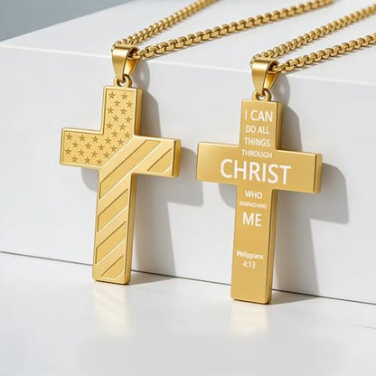 American Flag Cross Necklace for Men, Christian Confirmation Baptism Gifts - color: Gold, style: Philippians 4:13
