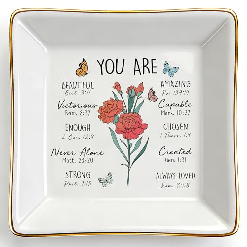 Birthday Gifts for Women, Carnation Scripture Jewelry Dish, Christian Gift - style: Carnation: Love, Fascination, Distinction(January Birth Flower)
