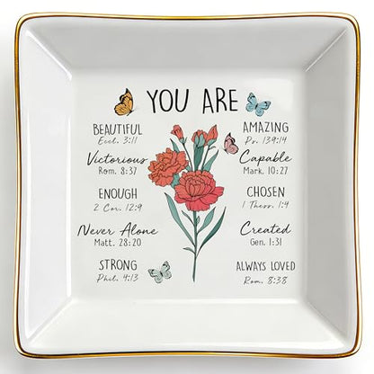 Birthday Gifts for Women, Carnation Scripture Jewelry Dish, Christian Gift - style: Carnation: Love, Fascination, Distinction(January Birth Flower)